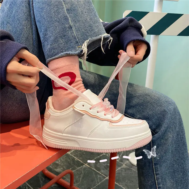 

2021 Pink Bear Women's Sneakers Ribbon Lace Up Zapatillas Mujer Kawaii Summer Lolita Shoes Casual Patchwork Vulcanize Shoes
