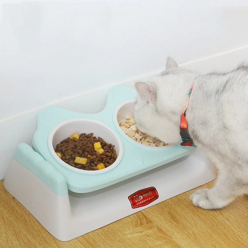 

Cat Water Food Feeder Antislip Waterer Feeding Protect Spine Adjustable Degree Detachable Drinker Pet Supply Owl Dog Double Bowl