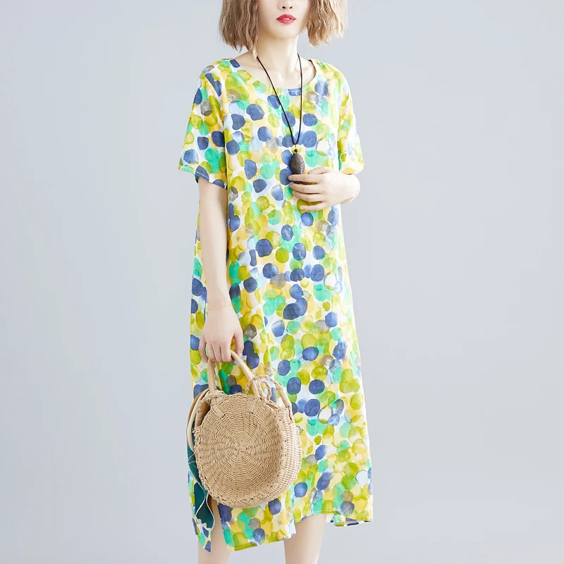 Женское хлопково льняное платье с коротким рукавом облегающее до середины икры