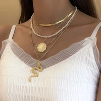 layered gold snake chain necklace for women statement snake coin pendant imitation pearl choker necklace charm vintage jewelry