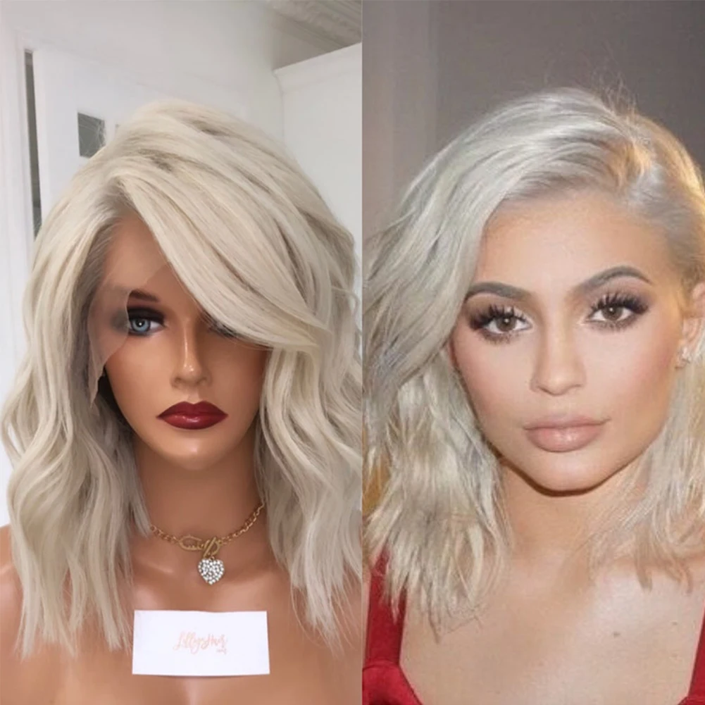 

Icy Platinum Blonde Short Bob Lace Front Wigs 13x6 Lace Front Human Hair Wigs Remy Hair 14" Loose Wave Wig Transparent Lace Wigs