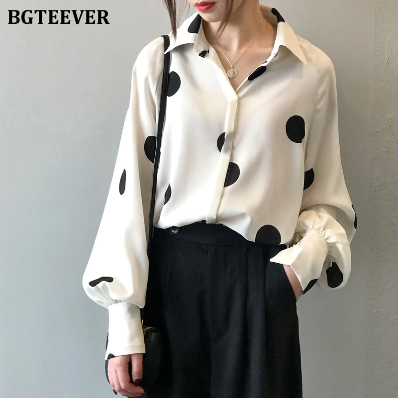 

BGTEEVER Vintage Turn-down Collar Polka Dots Women Chiffon Shirts Elegant Lantern Sleeve Loose Female Blouses Tops 2021 Spring