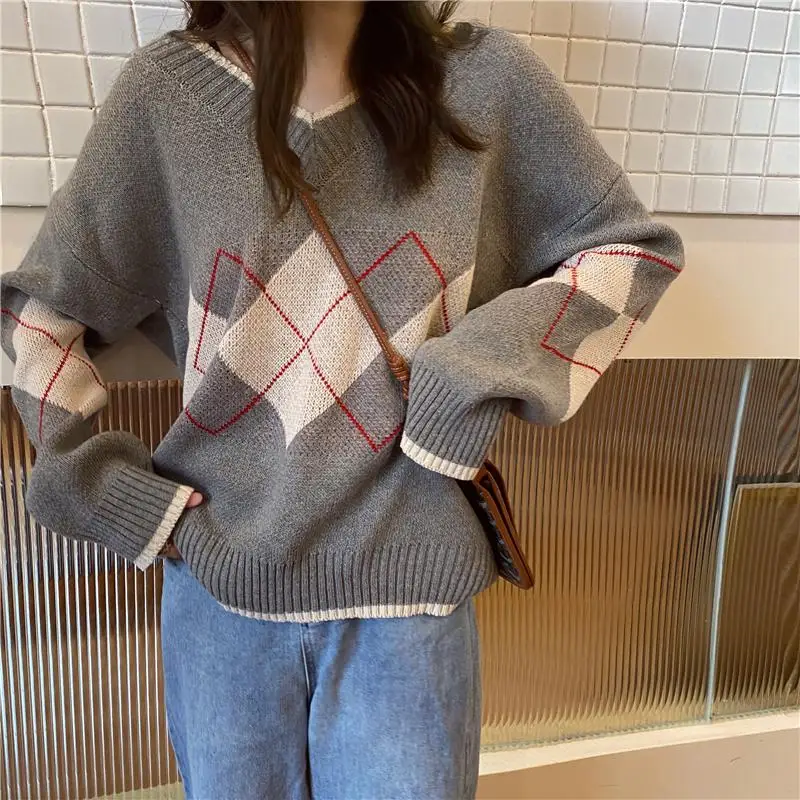 

Korean College Style Autumn Winter Geometric Pattern Argyle Pullovers Loose Oversized O-Neck Knitted Sweaters Woman Jumper Mujer
