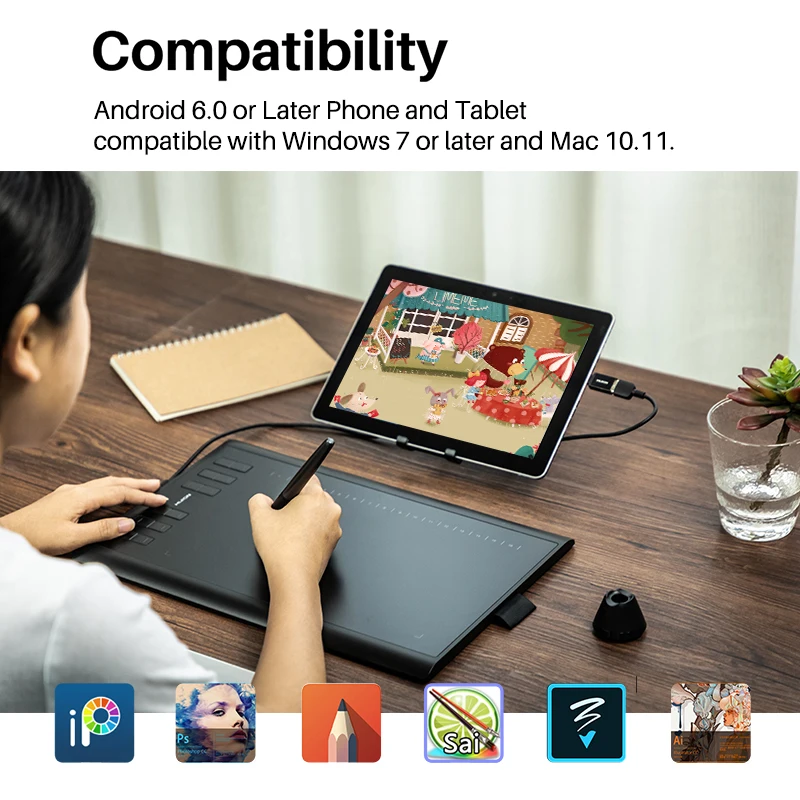 HUION H1060P графический планшет без батареи стилус наклон ±60° цифровой планшет 8192 ручка давление 12 Экспресс-ключей OTG адаптер