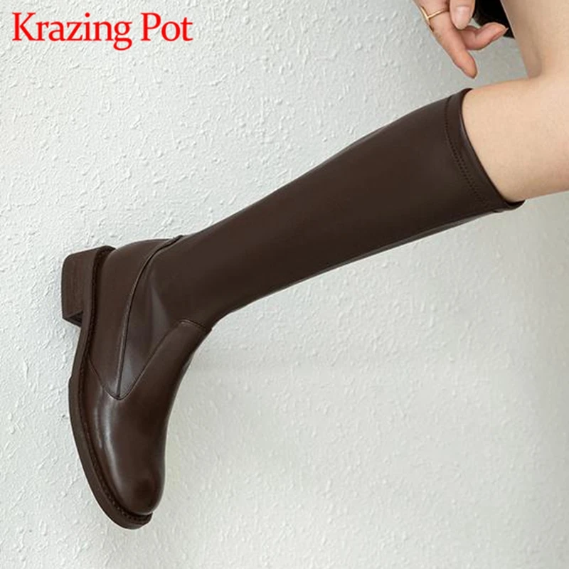 

Krazing Pot cow split leather skinny boots winter round toe preppy style thick med heels vintage splicing thigh high boots l55