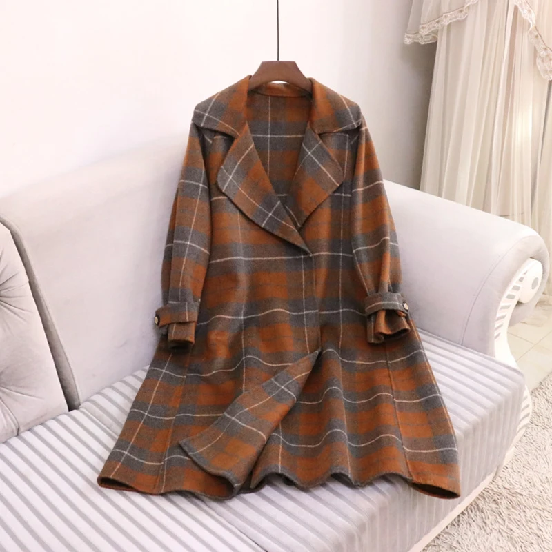 

Женское кашемировое пальто в клетку, свободная шерстяная Двусторонняя куртка до колен, Осень-зима 2021