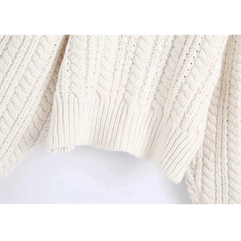 

Women Fashion With Rhinestone Buttons Cropped Cable-Knit Sweater Vintage Lantern Sleeve Female Pullovers Chic Tops