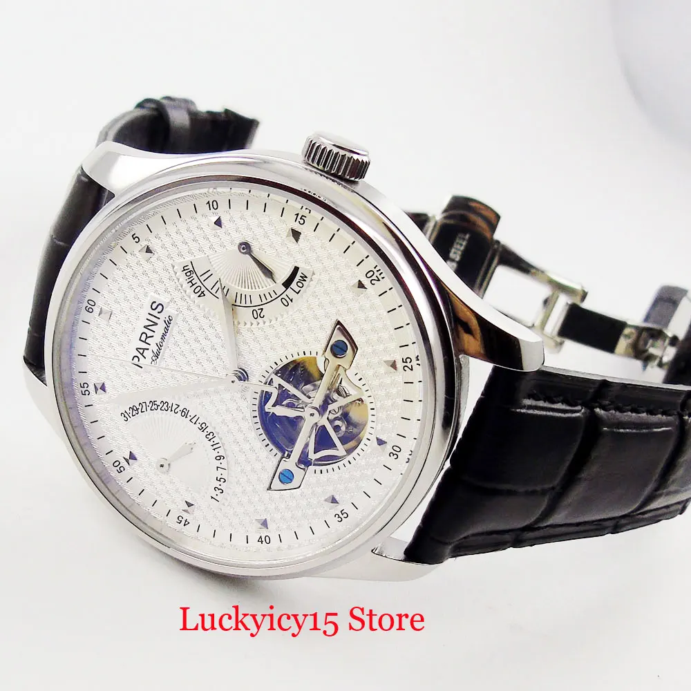 Модные наручные часы PARNIS серебристого цвета с функцией резерва хода и даты полый