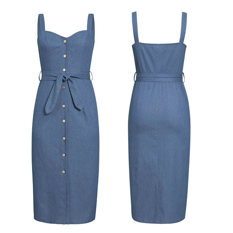 

Sexy Long Denim Dress Women Vintage Button Front Denim Dress With Belt Autumn Slim Ladies Office Dress Women Suspender Dress