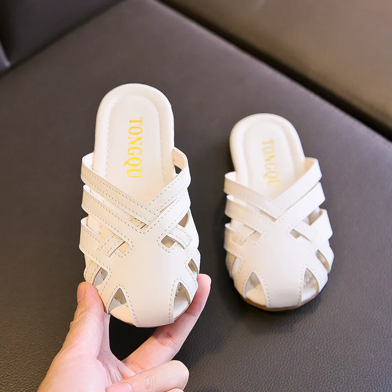 

Fashion Summer Girls Covered-toes Princess Slippers Slides Weave Cut-outs Sweet Soft Leather Sandals For Big Girls Kids Children