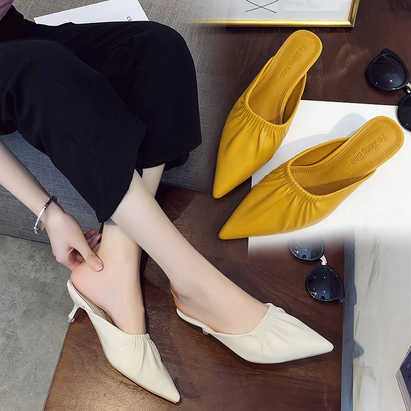 

Mules For Women 2021 Shoes Female Slippers Cover Toe Luxury Slides Thin Heels Med Shallow New High Designer Pointed Rubber PU