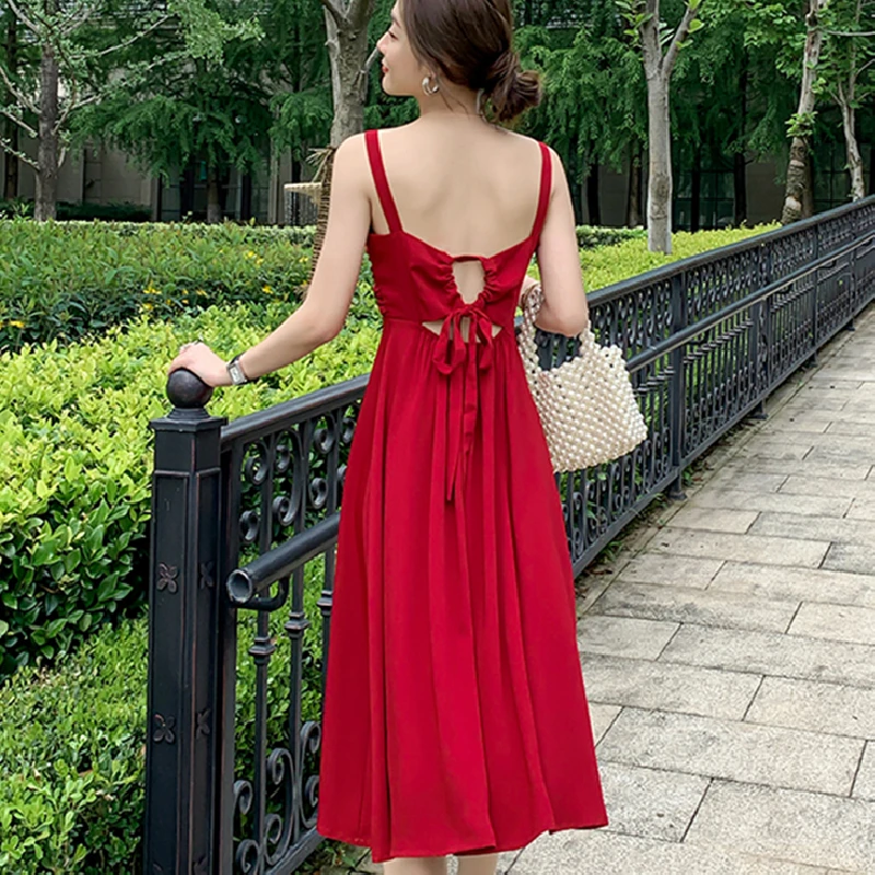 

Sexy Casual Beach Vacation Sundress Women Midi Backless Slip Dress Black Burgundy Green Summer 2021 Runway Korean Party Dresses