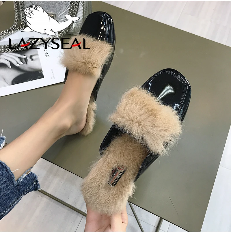 LazySeal туфли без задника с натуральным мехом; женские тапочки с квадратным носом; женские Вьетнамки; женские пушистые шлепанцы; Pantuflas Mujer