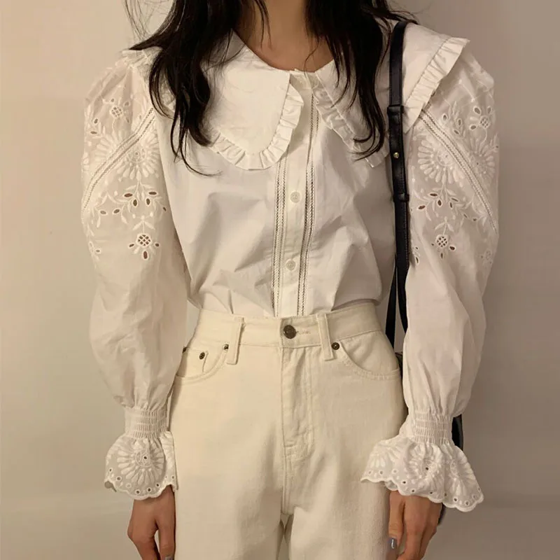 

ZAWAHIKI Korean Peter Pan Collar Pleated Single Breasted Fashion Puff Sleeve Women Blouse Spring Embroidery Elegant Ropa Mujer