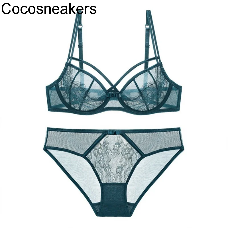 

Special sexy gathered lingerie set large chest small dark green bra summer