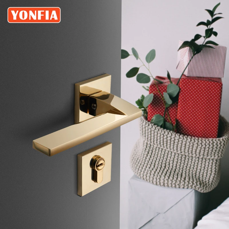 yonfia 8039 square privacy pvd gold home room wood door lock handle set bathroom mortise lever door handle for interior door free global shipping