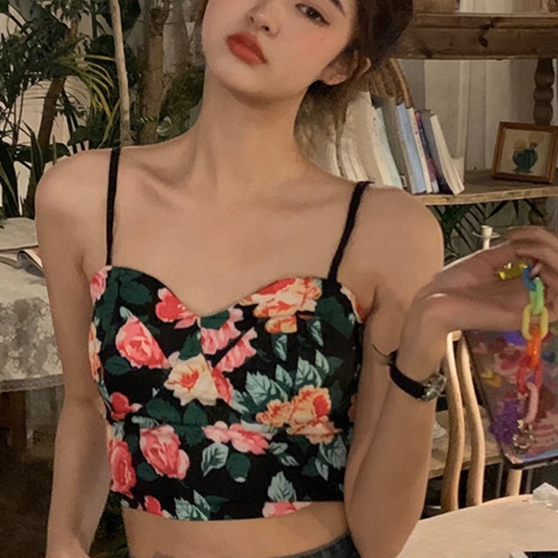 

Vintage Floral Print Cropped Tops Women's Clothes Pullover Elegant Sling Sleeveless Tank Camis Y2K Camisole Female Tube Tops