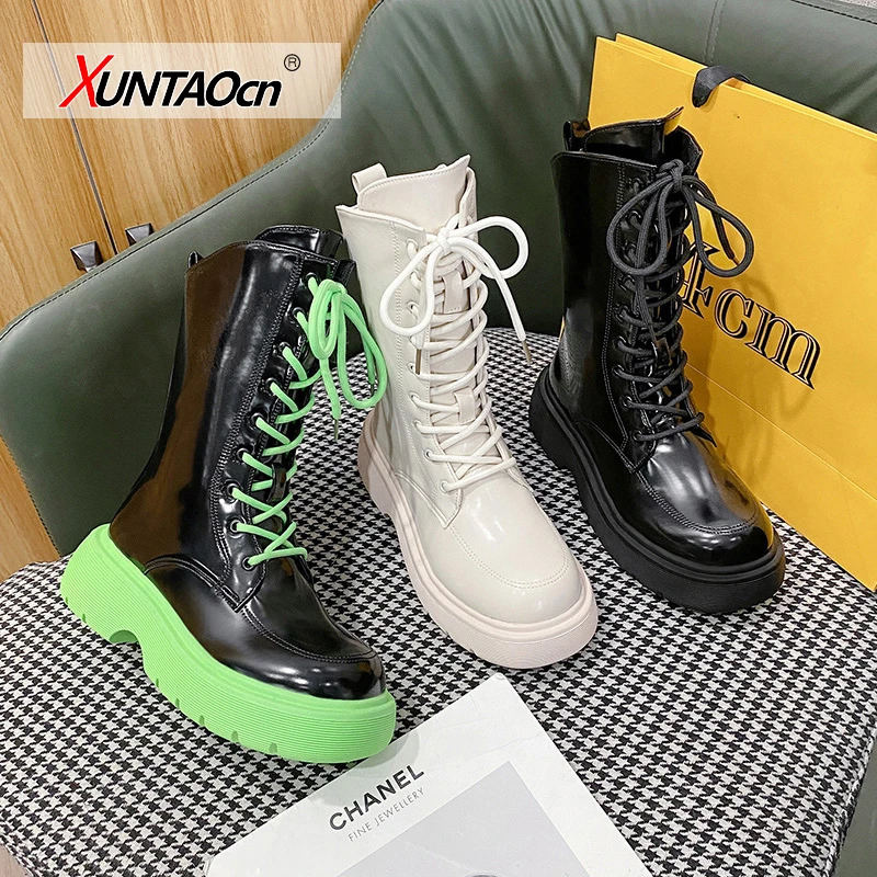 

2022 Women Winter Boots Platform Ankle Boots Motorcycle Boots Leather Lace Up Punk Shoes Black Bright Women Booties Botas Mujer