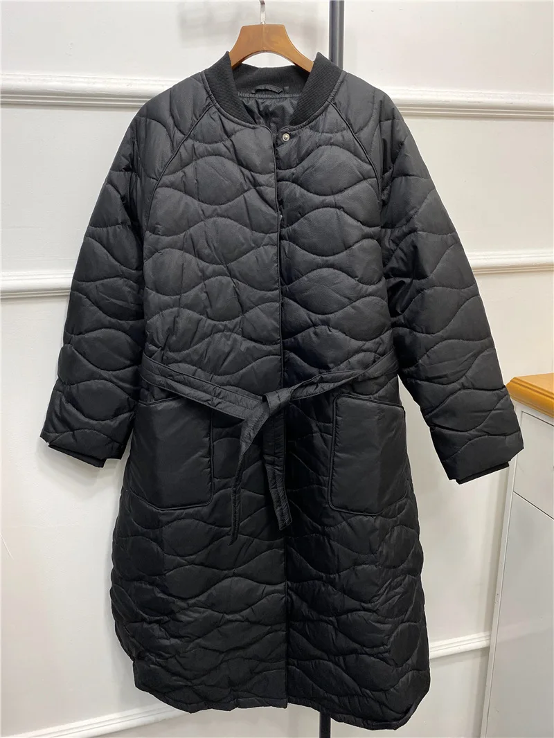 

Women Mid-Length Down Jacket Lady Long Sleeve Warm Pockets Outwear Female Top with Sashes 2021 New Winter