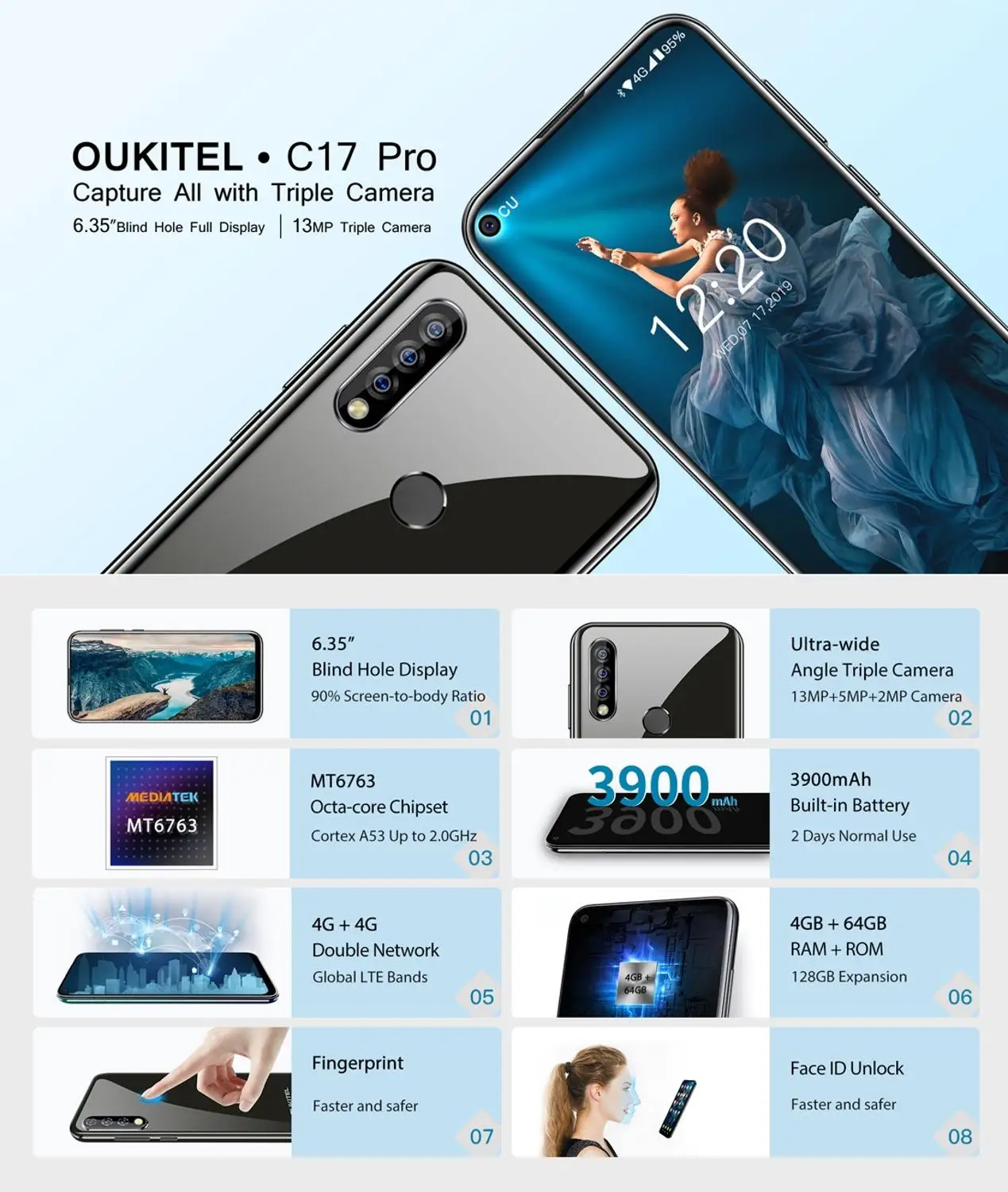 Oukitel C17 Pro Android 9 0 Pie смартфон лицо ID 6 35 &quotполюсный экран 4 ГБ ОЗУ 64 Гб ПЗУ MT6763