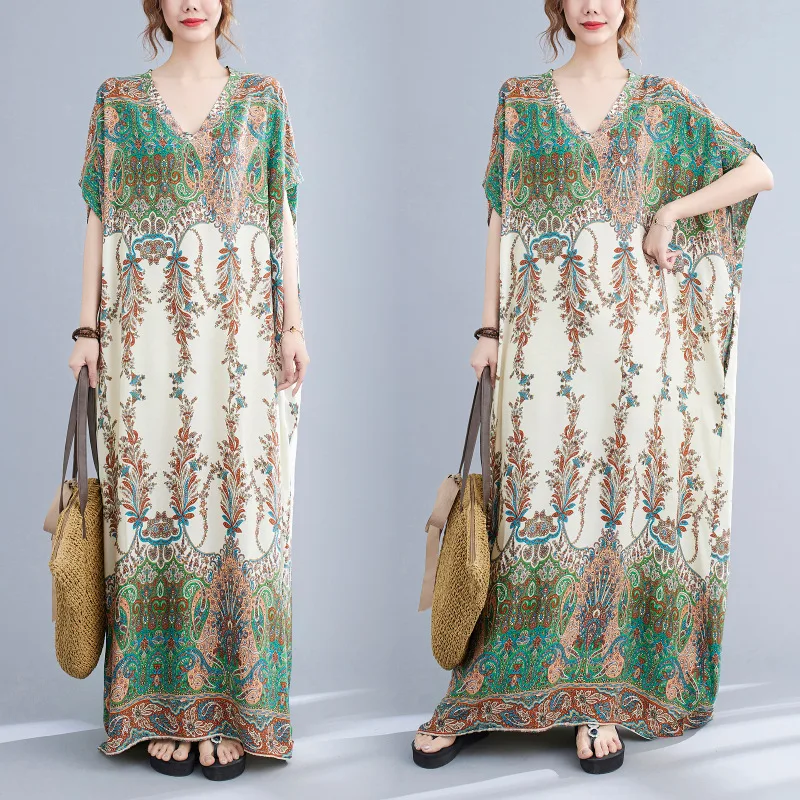 

ZTONE Dresses for Women 2021 Summer Dress Fashionable Loose Fairy Dress Free Size V-Neck Short Sleeve Retro Maxi Dress