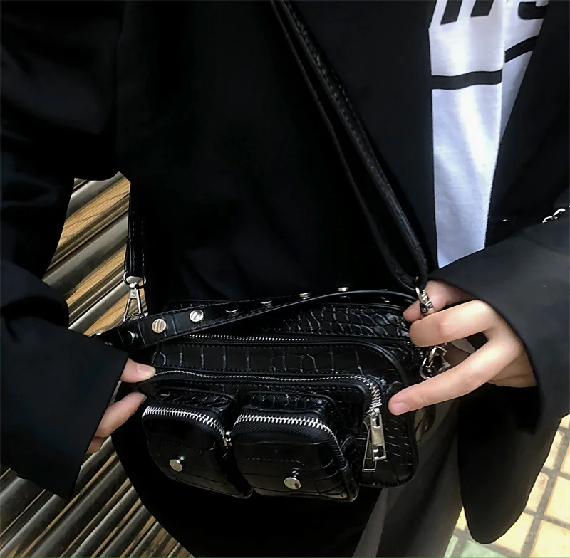vintage crocodile women crossbody bags rivet designer shoulder messenger bags chain sling bag for ladies handbag 3 shoulder belt free global shipping
