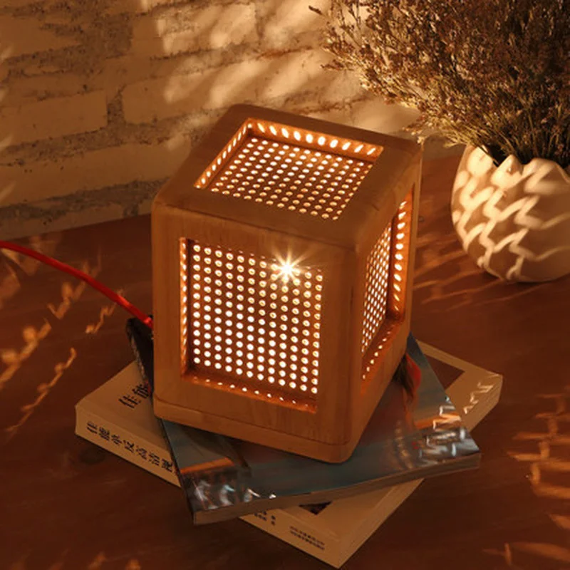 Квадратная настольная лампа в деревянной коробке современный деревенский