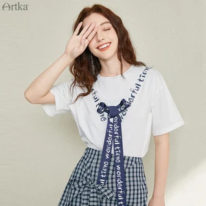 Женский костюм с юбкой ARTKA, комплект из 2 предметов, белая футболка с завышенной талией и бантом на ленте, Повседневный, TA25104X, лето 2020