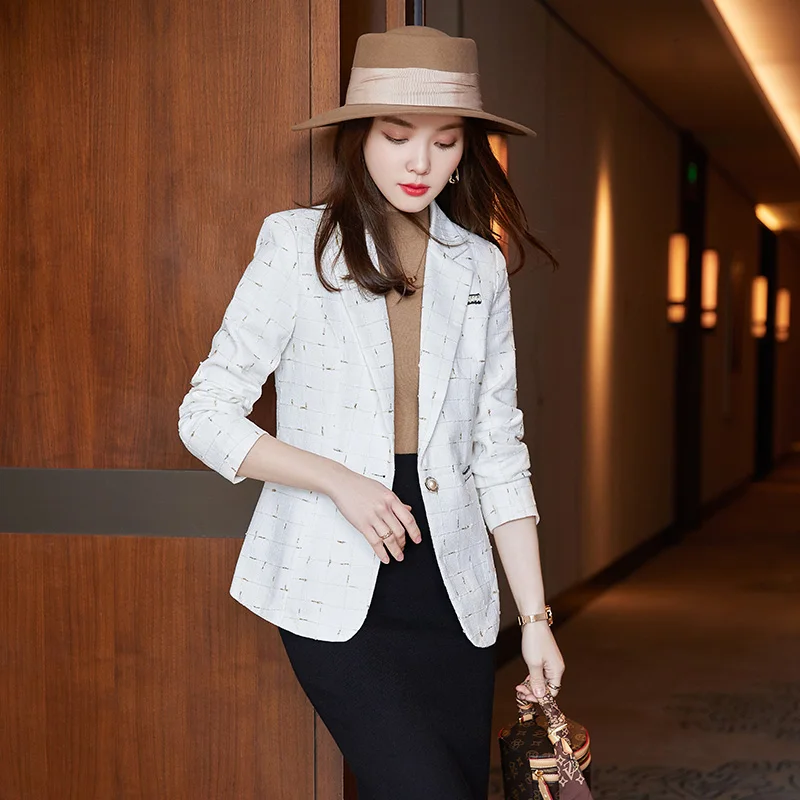 Boliyae Autumn and Winter New Plaid Long Sleeve Blazer Women Fashion Black Slim Jackets Female Casual Office Tops Coat Clothing