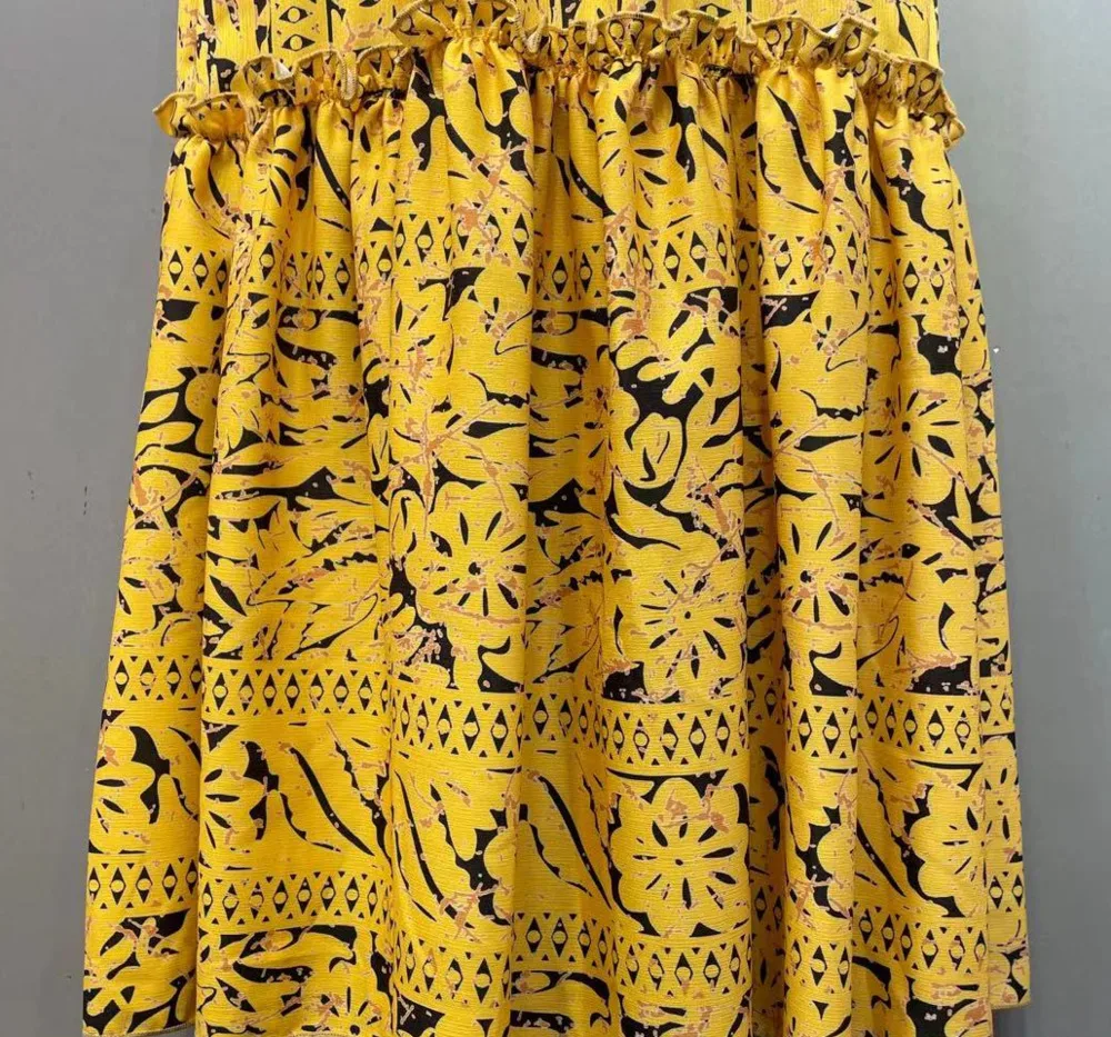 

IEQJ Women Yellow Vintage Elegant Tassel Belt Long Sleeve Print Ruffles Robe Dress New O-neck Loose Fashion Summer 2021 3F0361