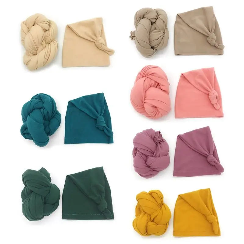 

Stretch Baby Wrap+ Hat Newborn Photography Props Soft Solid Color Photo Wraps D0AF