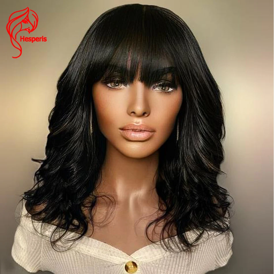 

Hesperis 150% Short Human Hair Wig With Bangs Indian Natural wave wigs bob scalp top Full Machine Made Wigs Remy Hair For Women