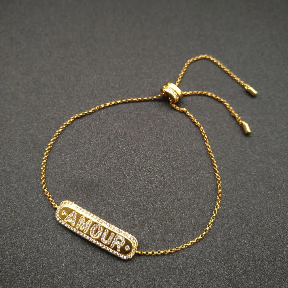 

new s925 sterling silver pretty new classic AMOUR letter bracelet women fashion golden yellow retractable bracelet jewelry gift