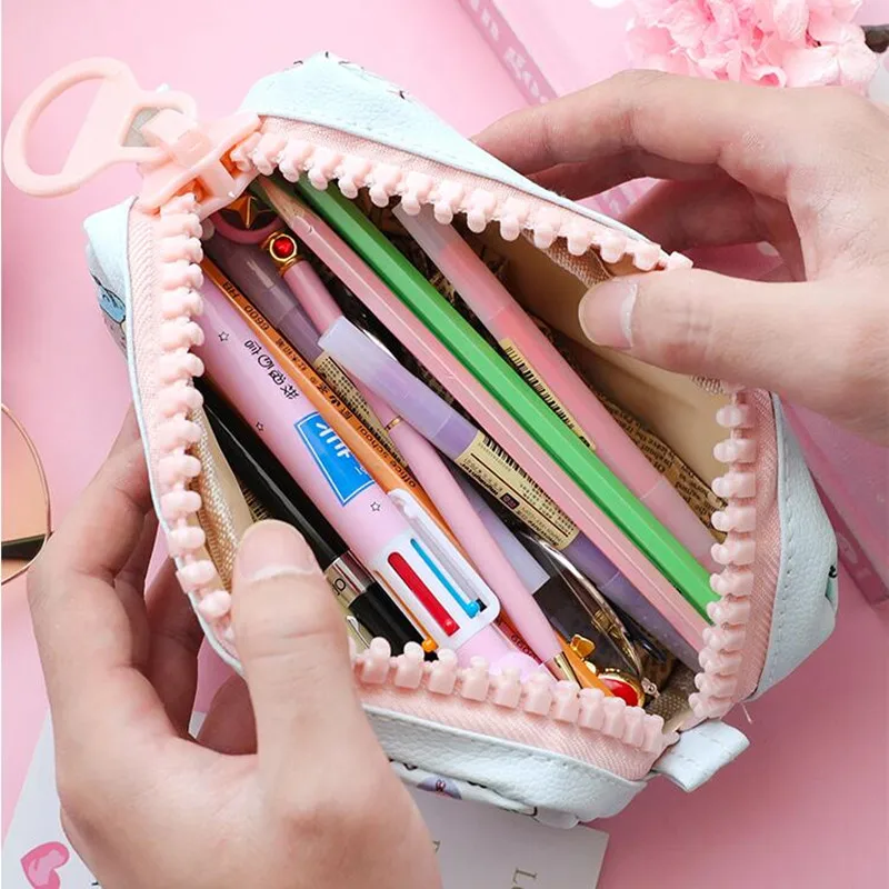 Fashion PU leather Pencil Case Korean Canvas Cute Kawaii Pen Bag Big capacity pencil Pouch School Stationery Gift