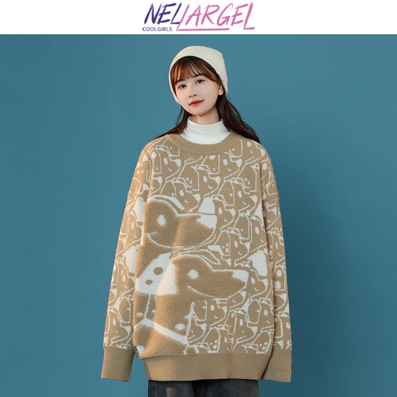 Продажа NELLARGEL Y2k Kawaii Dogs свитера в стиле Харадзюку 2021 женские корейские модные уличные пуловеры для девушек винтажный вязаный свитер Купить NELLARGEL Y2k Kawaii Dogs свитера в стиле Харадзюку 2021 женские корейские модные уличные пуловеры для девушек винтажный вязаный свитер