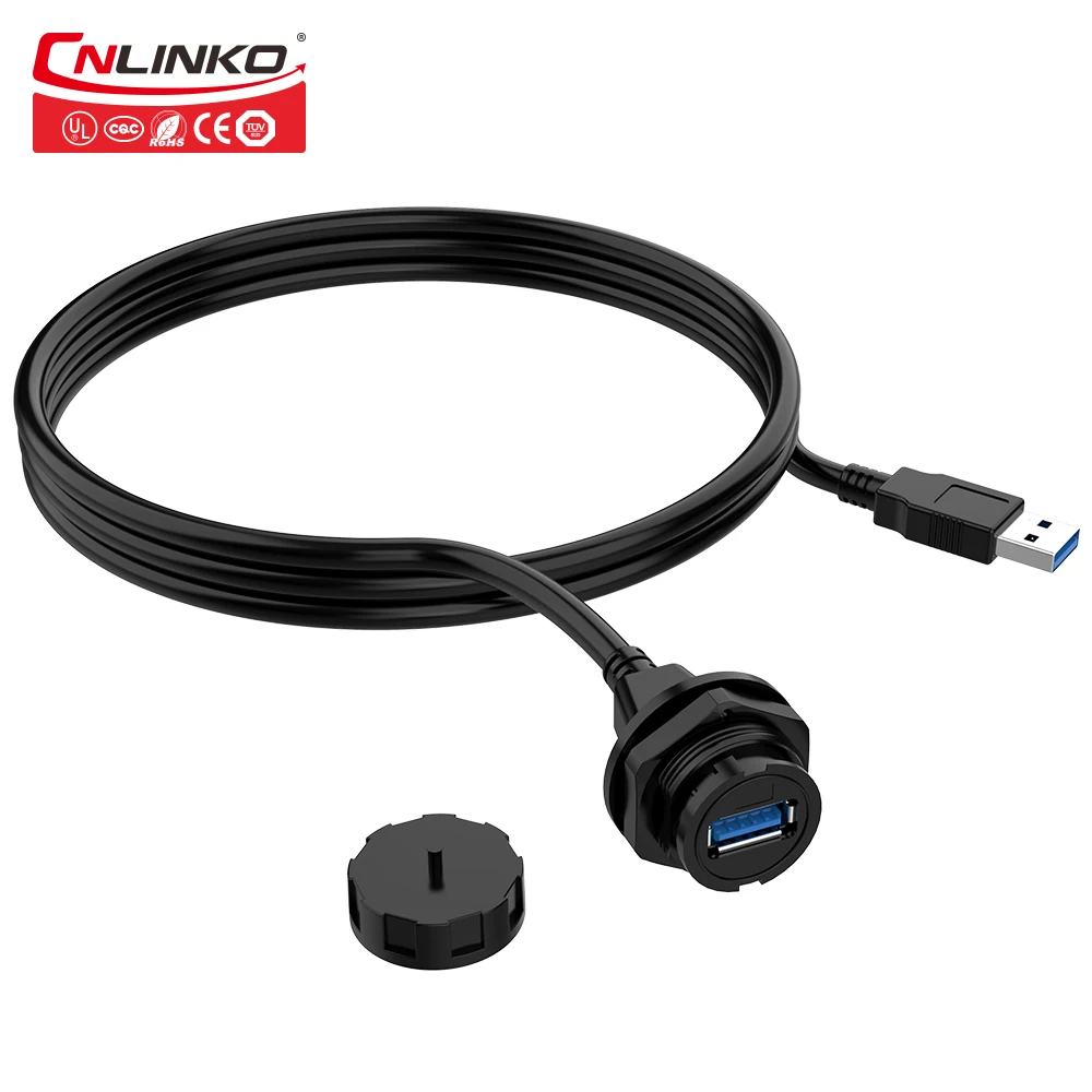 

CNLINKO Plastic Waterproof USB Charging Data Connector IP67 Male to Female Panel Mount USB3.0 with 1M Cable Chassis Connector