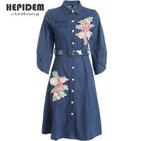 hepidem clothing jeans dresses women denim daily slim long sleeve belt knee length solid large size elegant casual chic 33100