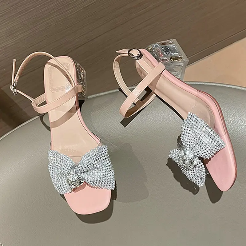 

Summer Women Sandals crystal bowties Thick Heels Pumps For Women genuine leather Party Office Lady Shoes Woman size 34-43