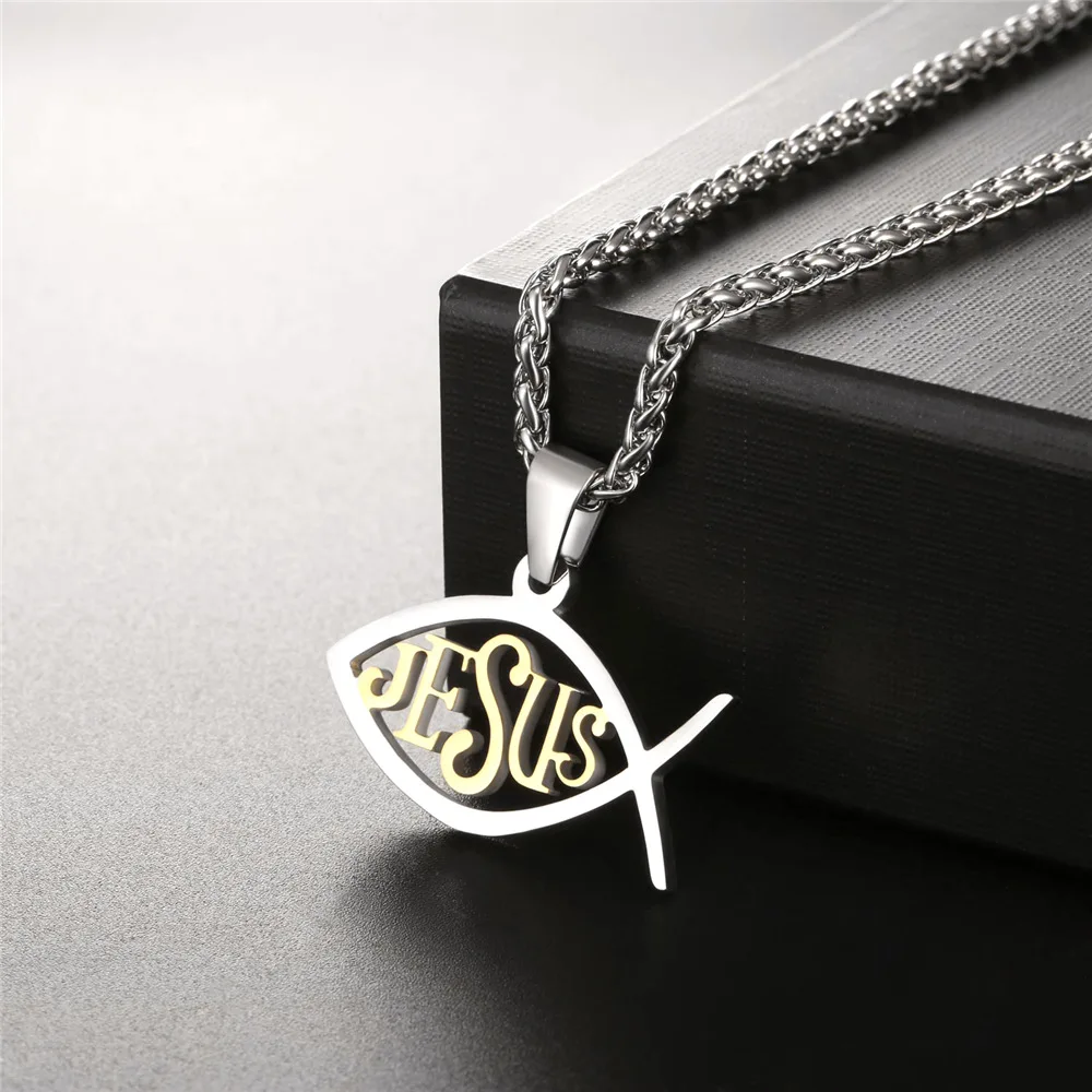 

Gift Christian Fish Necklace Religious Jewelry Stainless Steel/18K Gold Plated Jesus Ichthus Pendant Necklaces CP511