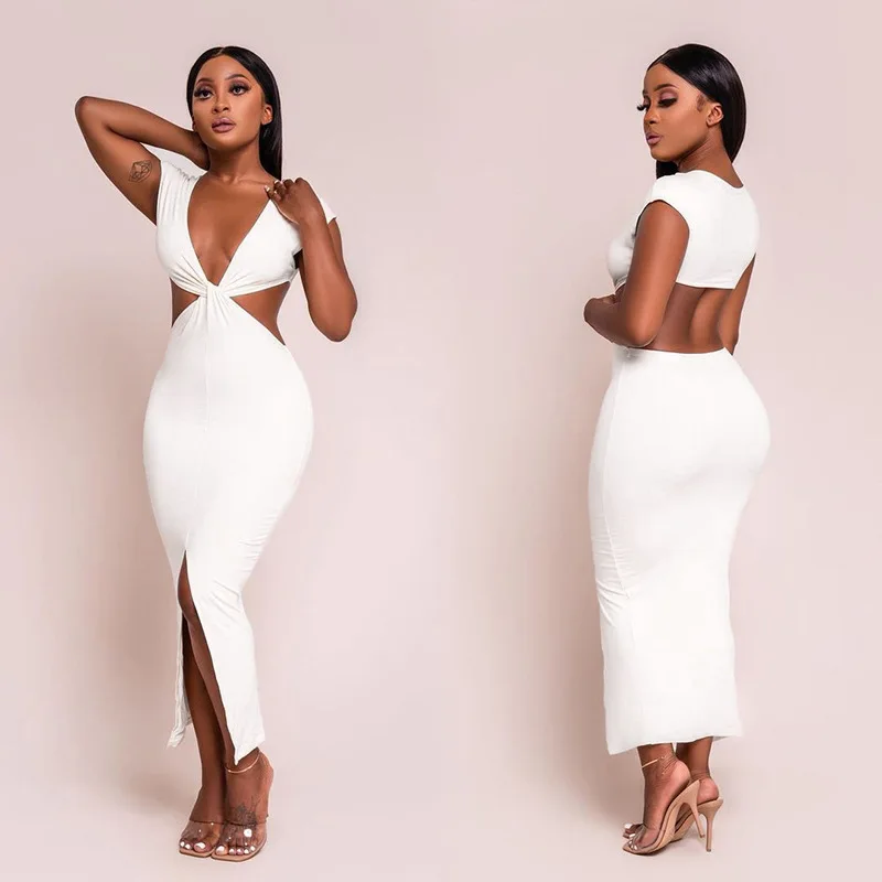 

Summer Women Trendy Sexy Personality Sheath Dress Adults Solid Color V-neck Short Sleeve Slit Cutout White S/M/L