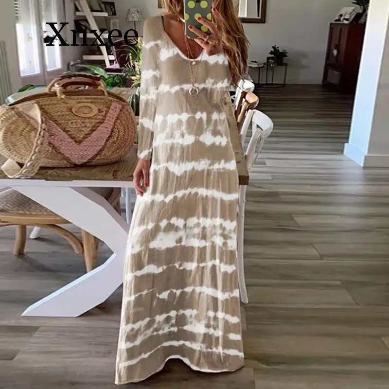 

Spring Autumn Vintage Loose Long Sleeve Party Dress Women Casual Striped Print Loose Long Maxi Dress Vestidos Plus Size 5XL