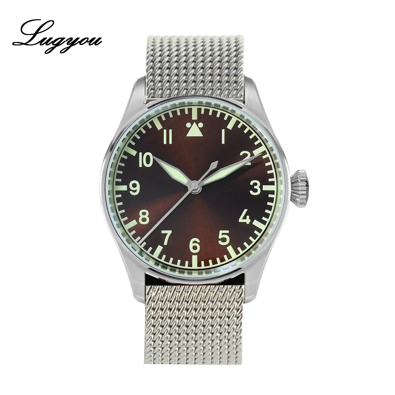 Mesh Brown SW Lugyou Сан Мартин пилот Flieger механические мужские часы из нержавеющей стали супер светящийся сапфировый Кристалл Скелет Задняя Кожа Ремешок - Цвет: Mesh Brown SW
