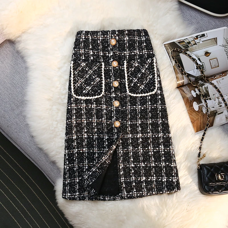 

Hebe&Eos Vintage Women's Skirt With Slit A-line Hight Waist Elegant Korean Fashion Office Wear Plaid Skirts Autumn Winter 2021