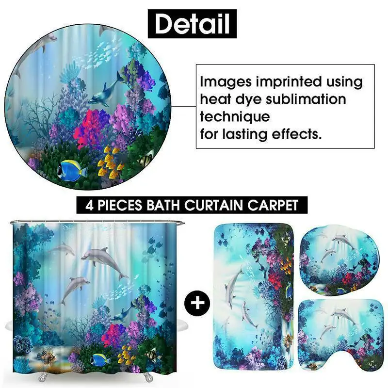 

4pcs/set Dolphin-Washable Bath Screen Shower Curtain Toilet Seat Cover Bath Mat Non-Slip Home Decor Polyester Bathroom Sets
