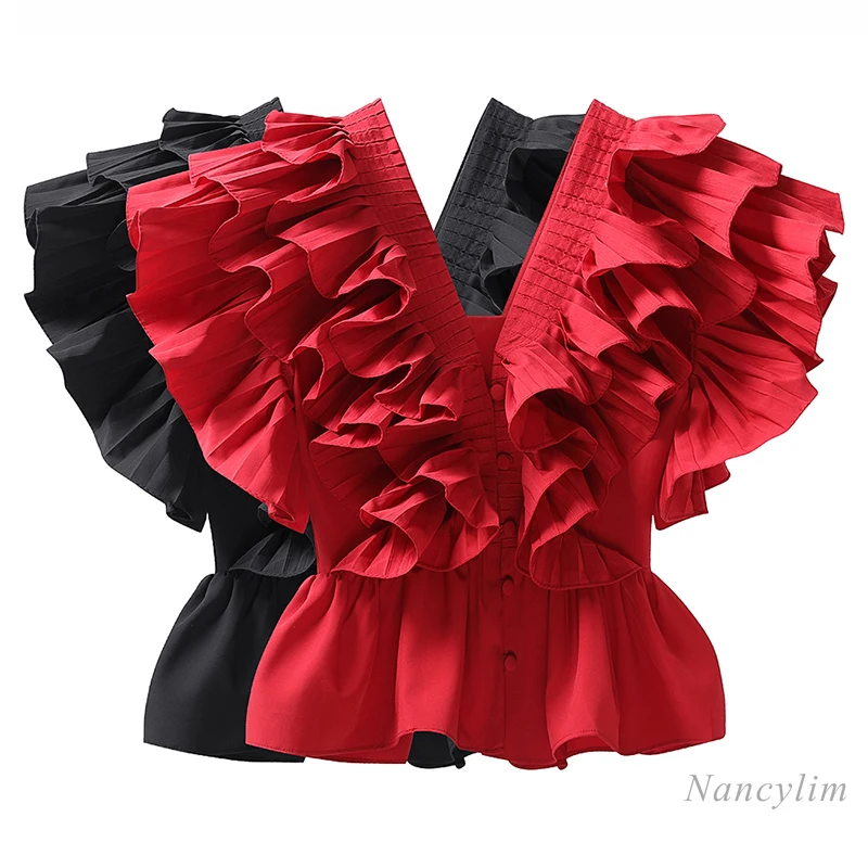 

Sexy V-neck Shirt Women's 2021 Summer New Waist Trimming Fashion Design Ruffled Temperament Lady Top Blouses Blusas