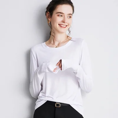 

2021 подходящая футболка с длинным рукавом, футболка с круглым вырезом, Женская Однотонная рубашка из чистого хлопка