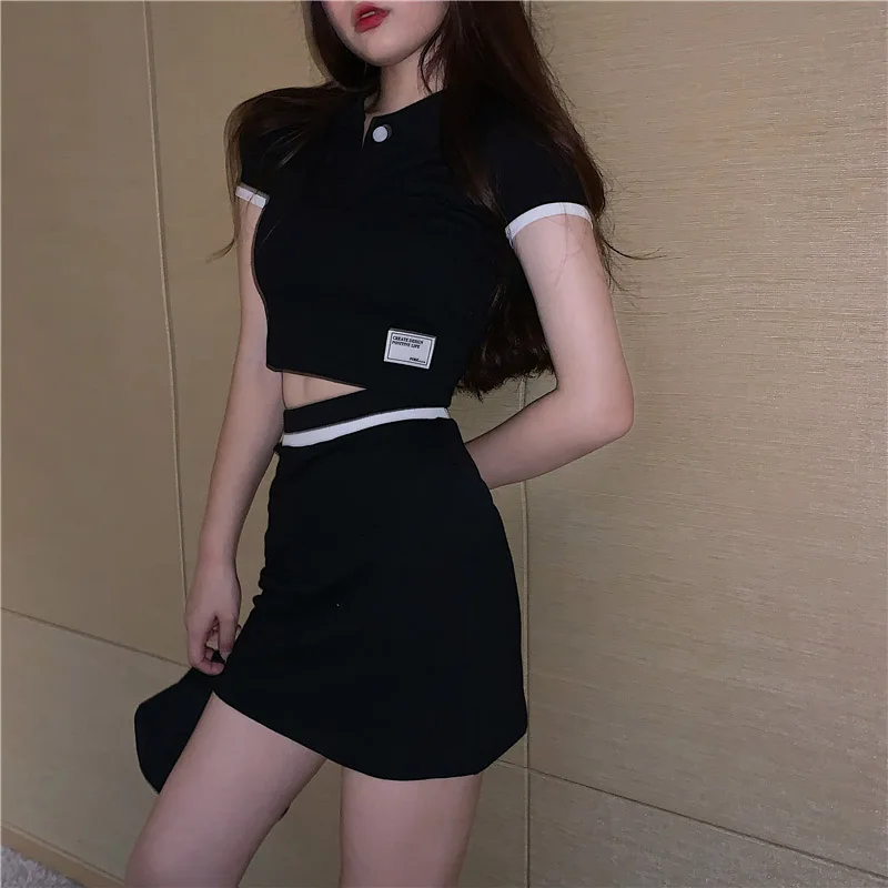 

Lapel T-Shirt Set Dress Korean Style Sport 2 Piece Sets 2021 Sweet Shorts Sets Solid Skirts Student Two Piece Set Women Skirt