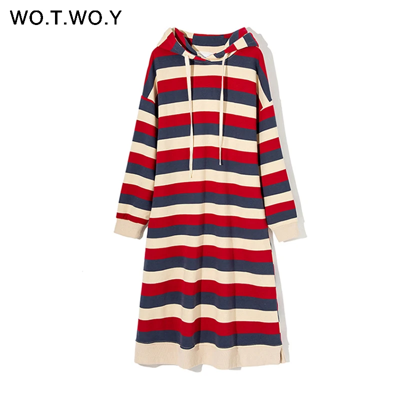 Женское трикотажное платье с капюшоном WOTWOY осенне зимнее Хлопковое до колена