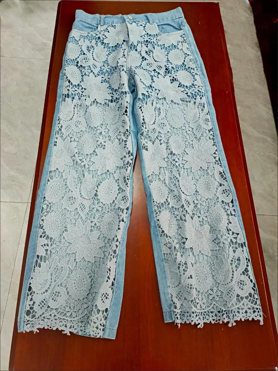 

All-Match High Waist Wide Leg Denim Pants Summer Women Patchwork Sexy Lace Crochet Hollow Out Jeans Pant Loose Straight Trousers