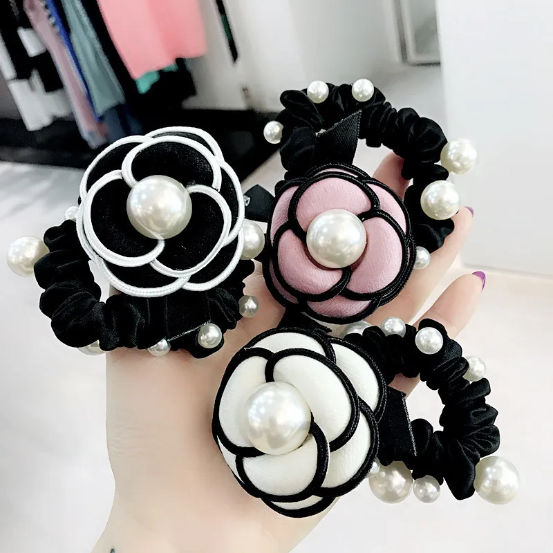 

Camellia Flower Pearl Retro Elastic Hair Band For Women Hair Ties Korean Hair Accessories For Girls Hair Rubber Band